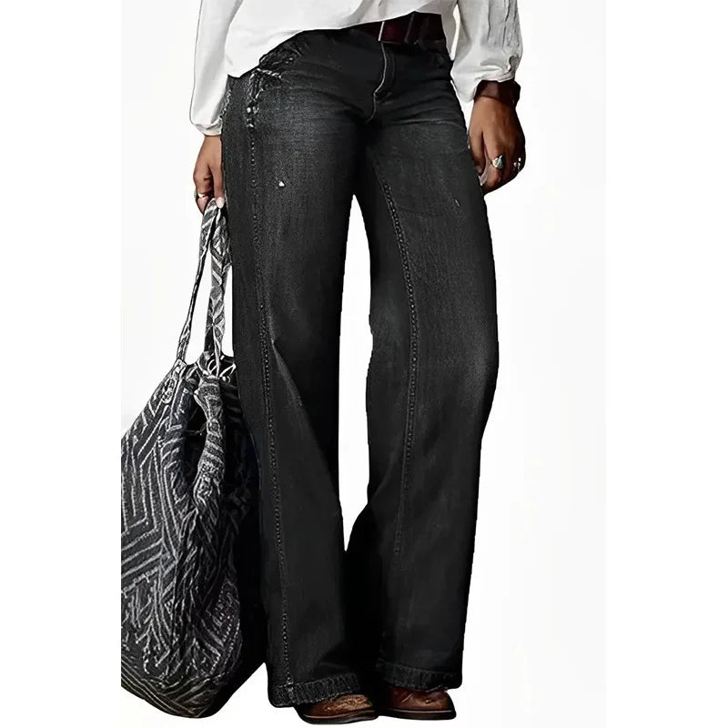Women Jeans Wide Leg Pants Ankle Length Washing Denim Distressed Pockets High Waist Casual Loose Solid Spliced Summer 2024 Aviola