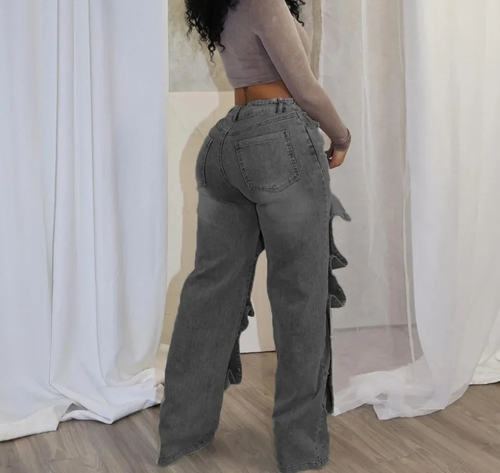 Jeans Denim Pants Women Straight Button Pockets High Waist Mom Floor Length Washed Distressed Strech Trousers 2025 Streetwear Aviola