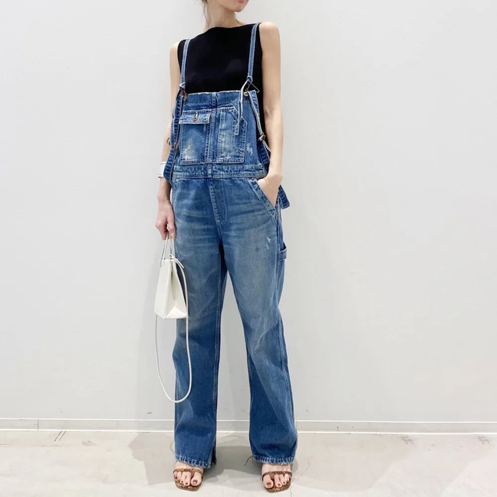 Overalls Vintage Spliced Washed Jeans Women Ankle Length Denim Straight Cargo Pants Jean Pockets Solid Basics 2024 Loose Aviola