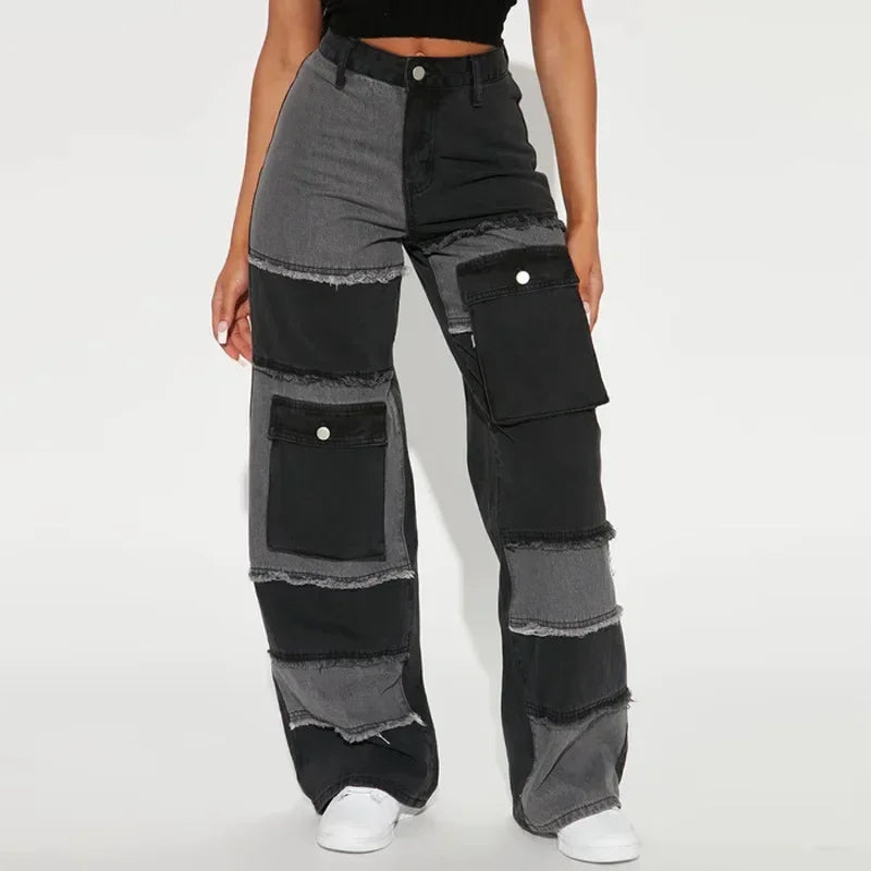 Women Straight Jeans Denim Wide Leg Pants Patchwork High Waist Pockets Button 2025 Autumn Vintage Trousers Strecth Denims Aviola