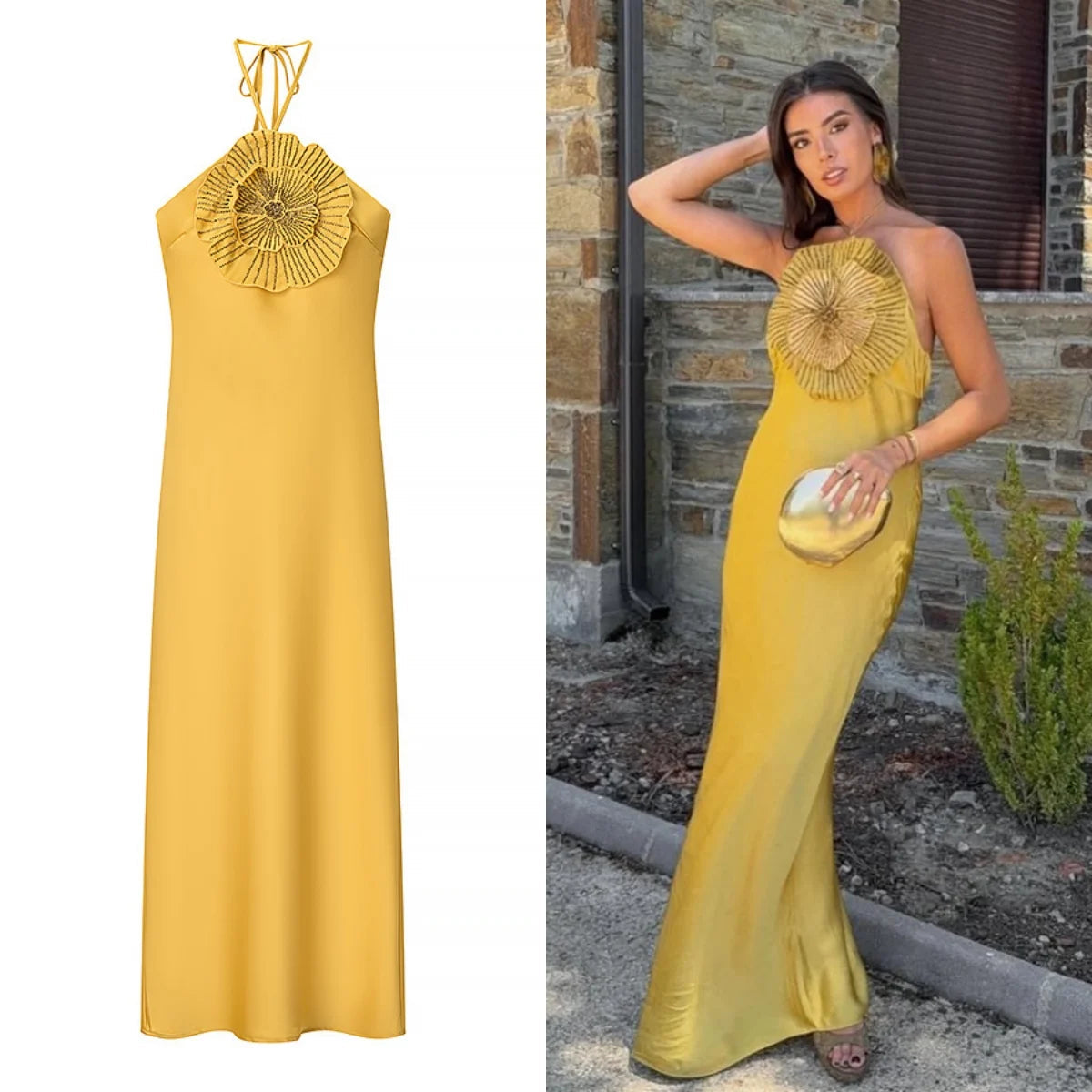 UNIZERA Women's Slim Dress with Three-Dimensional Flower Decoration Thin Strap Halter Neck Design for Summer 2025 Aviola