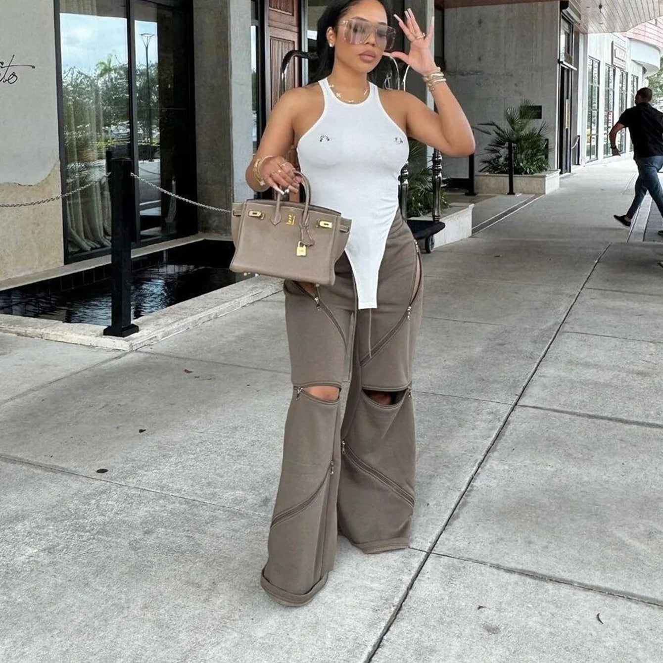 Women Boot Cut Pants Mid Waist Zipper Trousers Drawstring Pant Casual Office Lady Loose Long 2025 Summer Capris Y2k Streetwear Aviola