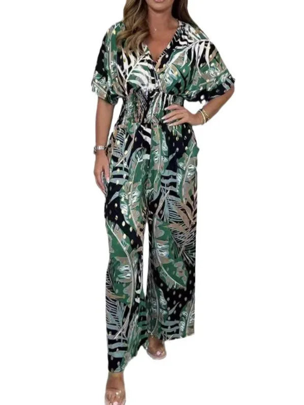 Rompers Women V Neck Jumpsuits Ankle Length Wide Leg Pants Print Pullover One Piece Y2k Streetwear Loose Casual Pockets Aviola