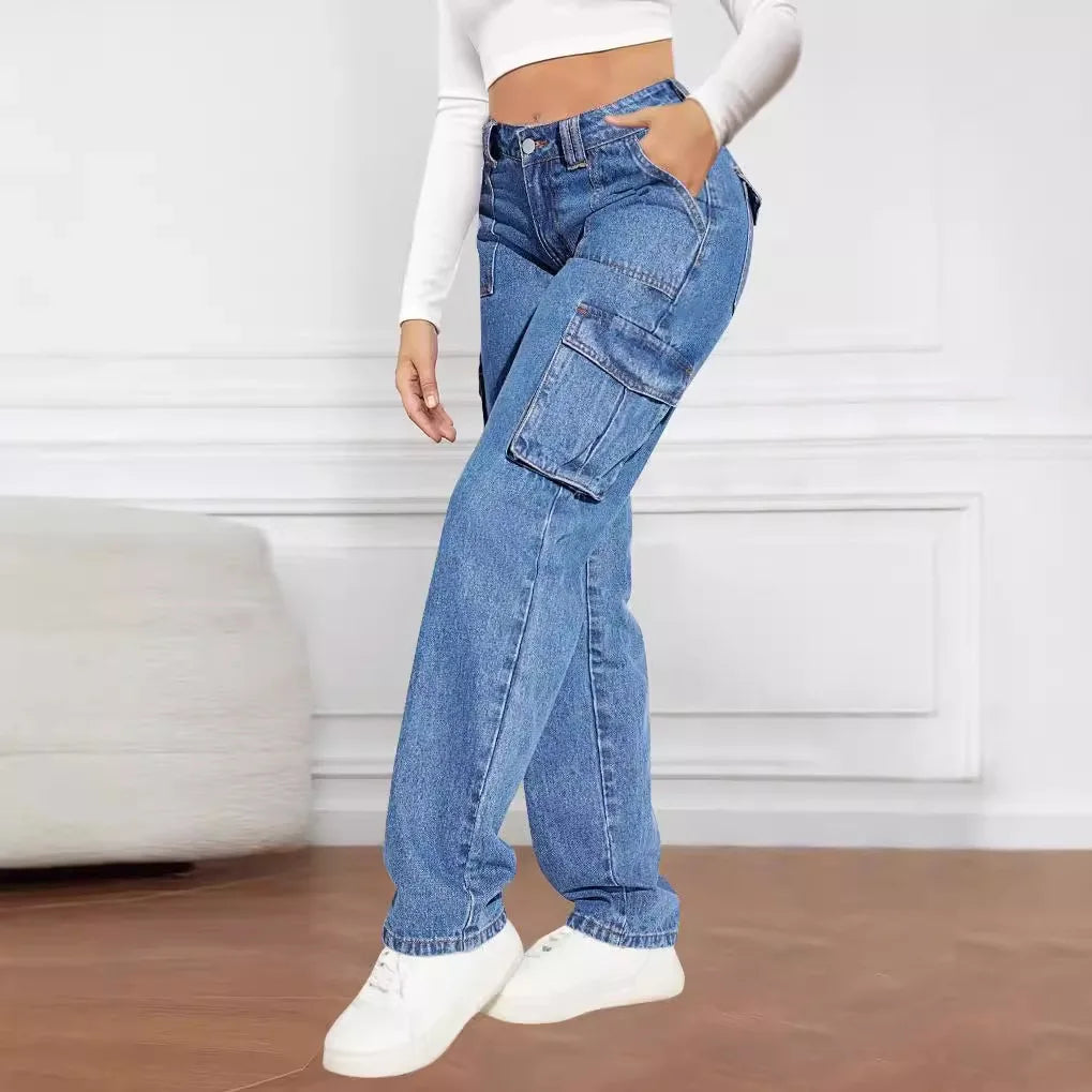 Denim Pant Women Mom Jeans Long Pants Mid Waist Straight Trousers Y2k Streetwear Elegant Splice Slim Fit Work Pocket Casual Aviola