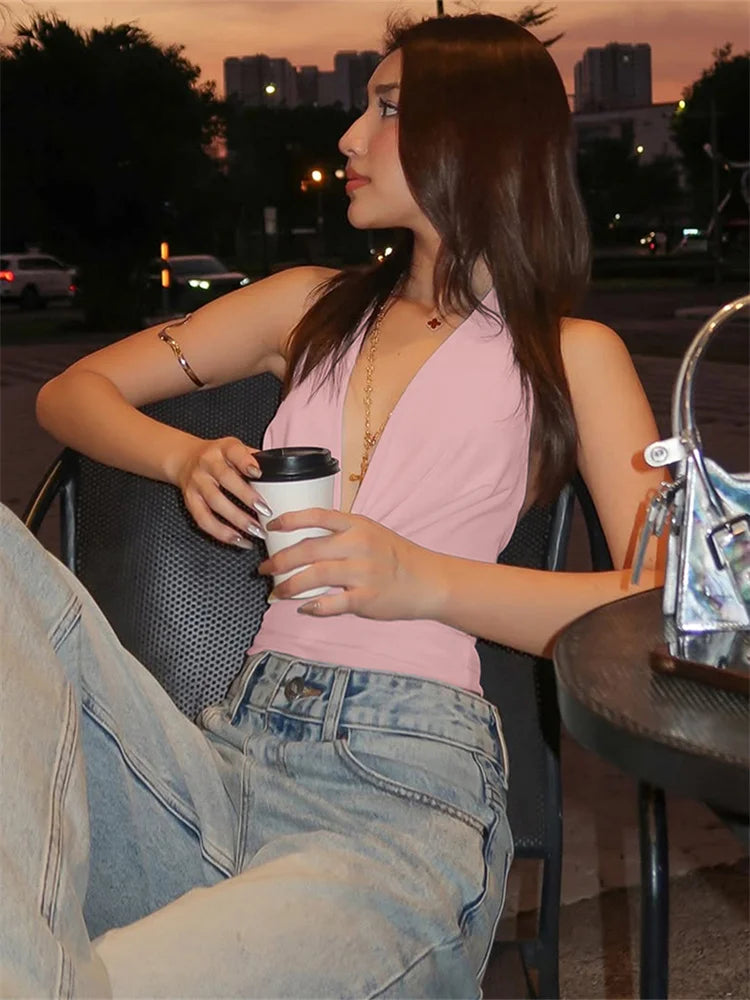 Nibber Swing Collar Vests Women Backless Halter Folds Skinny Street Versatile Daily Fashion Sexy Summer Temperament Mini Tops Aviola