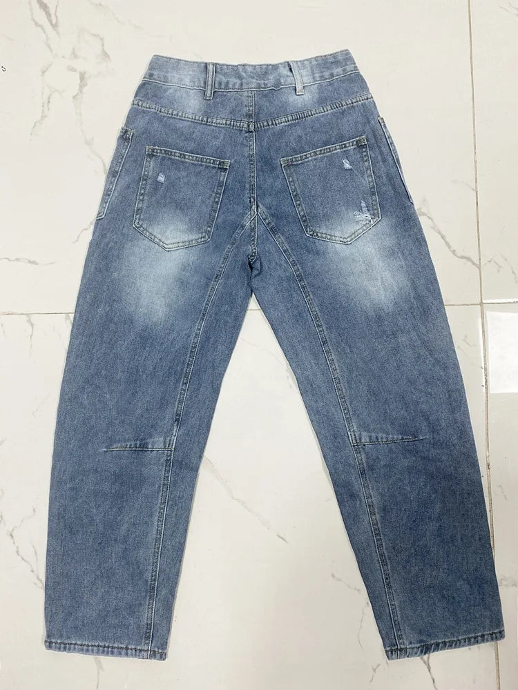 Denim Pant Women Jeans Long Pants Slim Club High Waist Straight Trousers Y2k Streetwear Elegant Causal Splice Work Hole 2025 Aviola