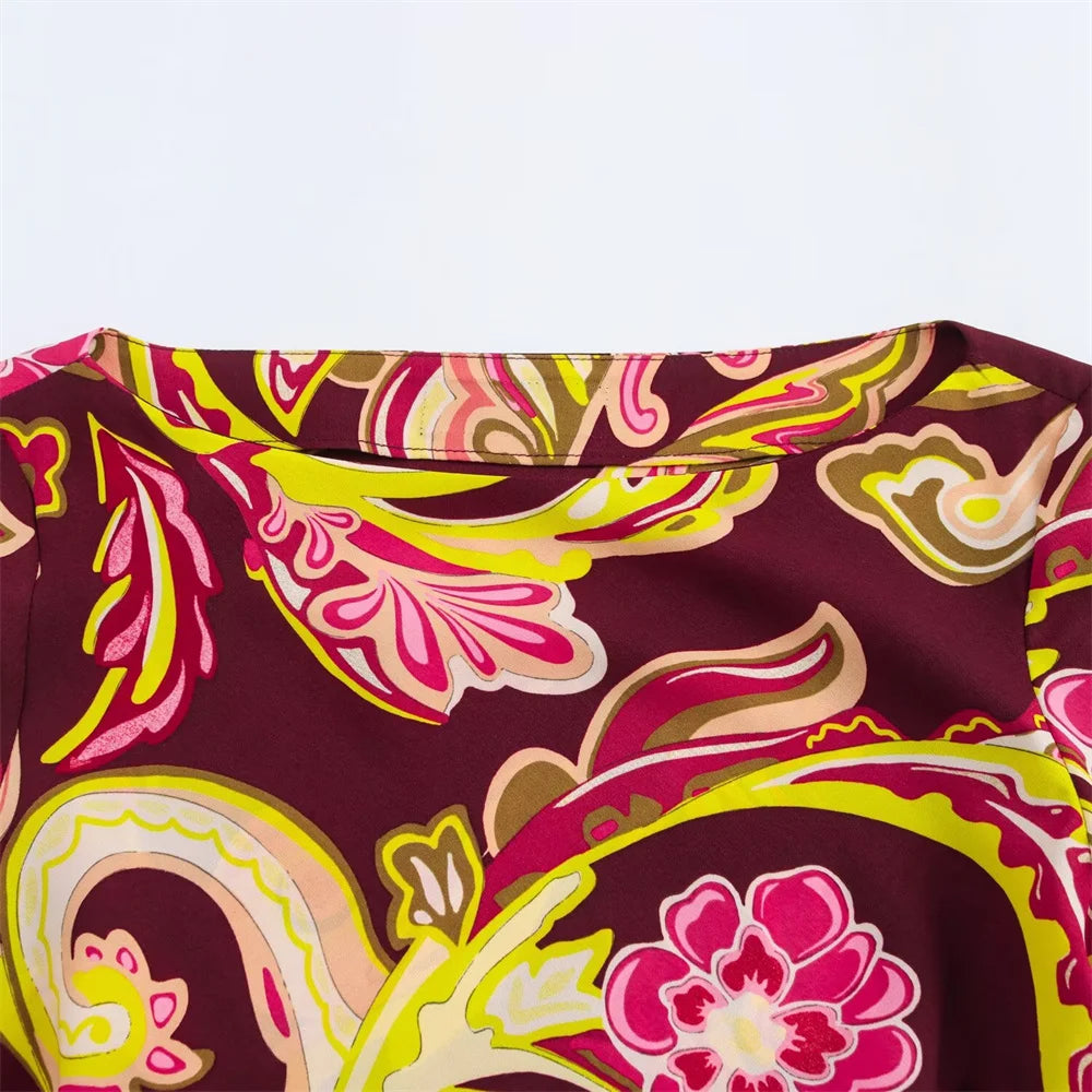 Gorgeous Burgundy Paisley Print Women Dress with Long Bell Sleeves and Belted Waist from BM&MD&ZA 2025 Collection Aviola