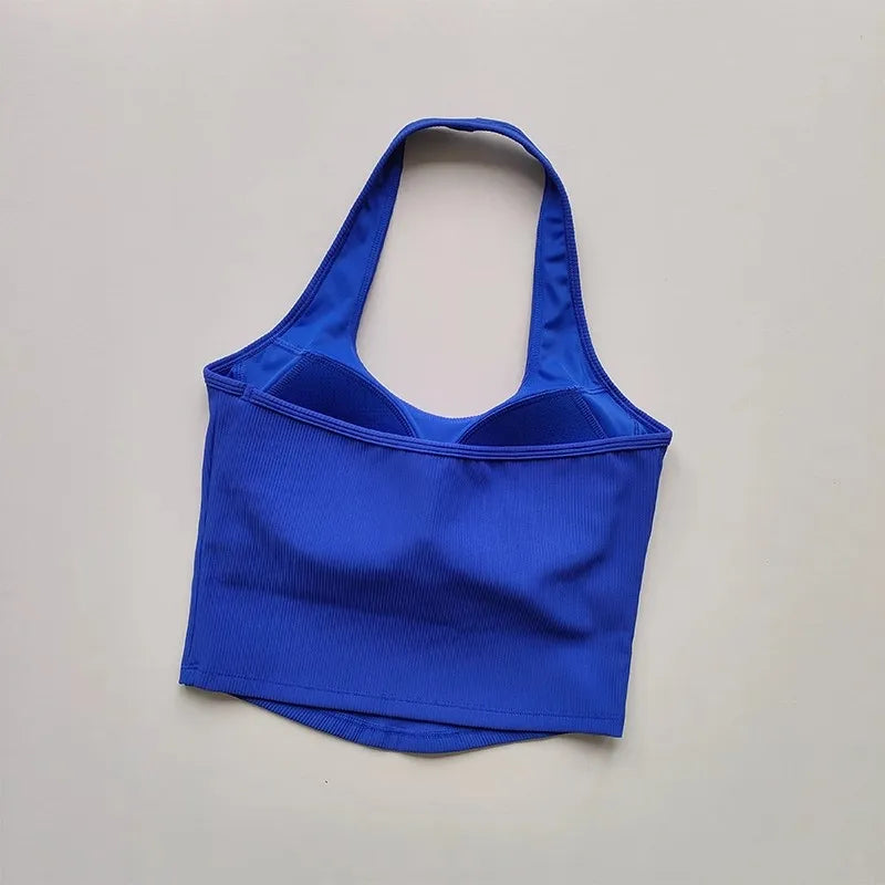 2023 Summer Sexy Sports Bra Rib Sport Top Underwear Women's Running Gathered Bra Hanging Neck Fitness Vest Fixed Padded Yoga Bra Aviola