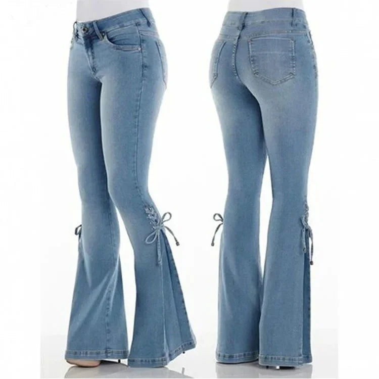 Full Length Flare Pants Women Jean Washed Denim Pants Zipper Fly Loose Fit Pockets High Waist Basics Lace Up Vintage Solid Aviola