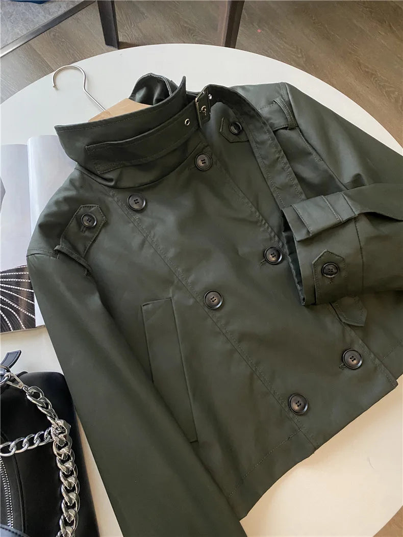 RARF 2024 autumn new women's fashion pocket double breasted waxed leather short trench coat women's top coat Aviola