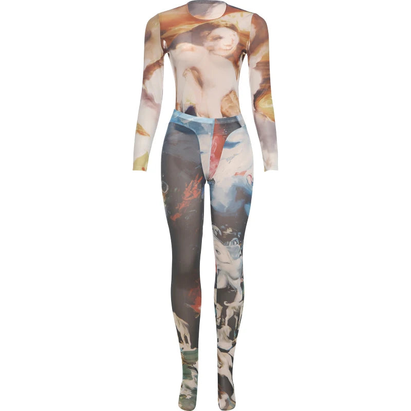 Nibber Skinny Aesthetic Print Women Tracksuit 2 Piece Set Sexy Hipster Thin Bodysuit+Leggings Tight Stretch Street Matching Suit Aviola