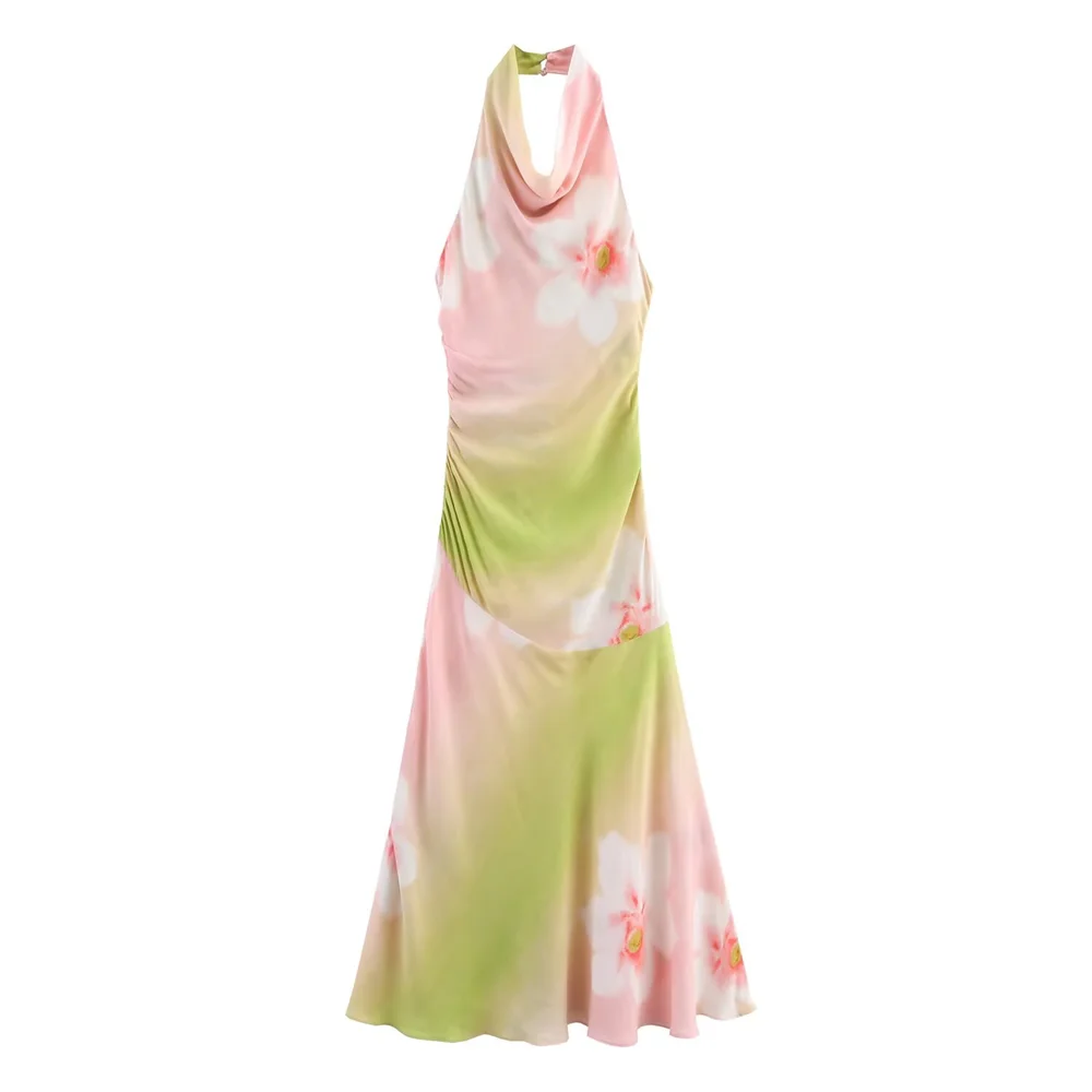 BM&MD&ZA2025backless printed halter neck flower temperament slim long dress sleeveless dress summer new women's clothing Aviola