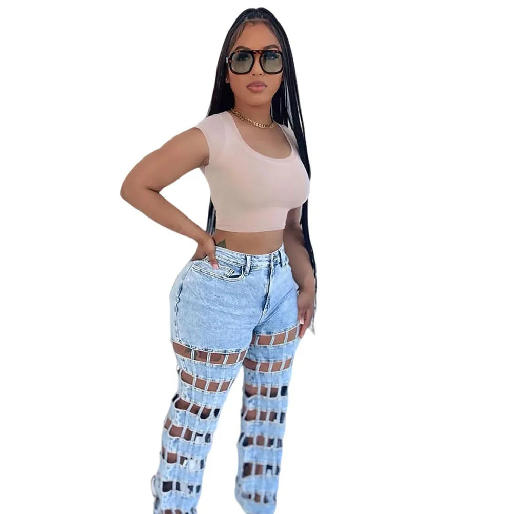 Denim Pant Women Jeans Long Pants Hollow Out High Waist Straight Mom Trousers Y2k Streetwear Elegant Splice Hole Casual Work Aviola