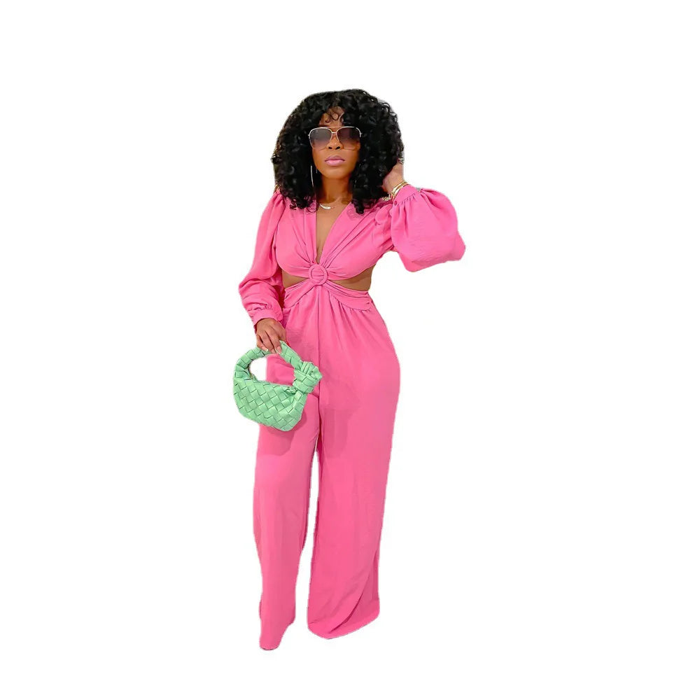 Jumpsuits Long Sleeve One Piece V Neck Women Rompers Backless Sexy Overalls Solid Wide Leg Pants Pockets Spliced Full Length Aviola
