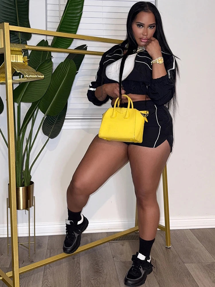 Nibber Fashion Casual Sporty 2 Piece Set Women Zipper Cardigan Polo-Neck Jacket+Drawstring Skinny Shorts Daily Slim Tracksuits Aviola