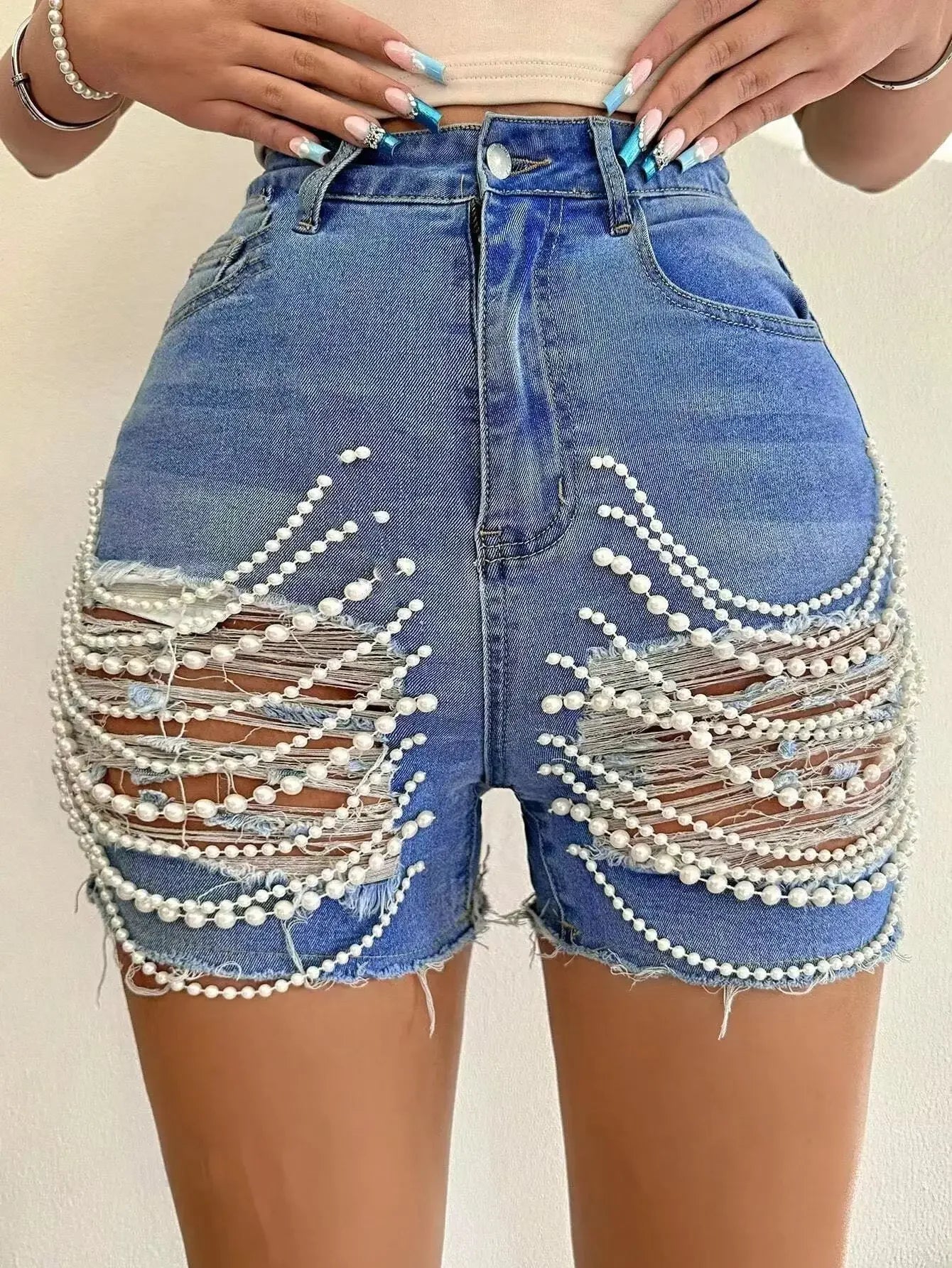 Denim Shorts Women Hole Jeans Ripped Pearl Chain Pockets Sexy Mom Vintgae Party Short Pants High Waist Denims Streetwear 2025 Aviola