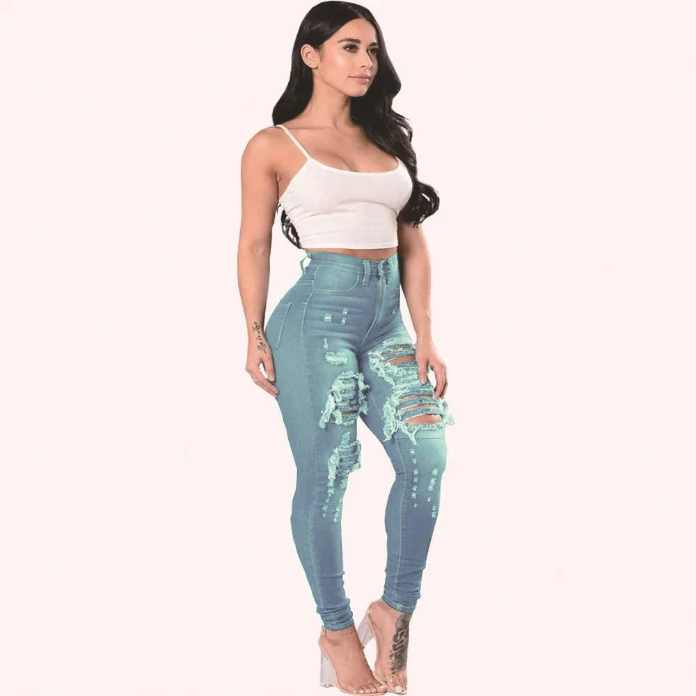 Jeans Women Hole Denim Pencil Pants Ripped Skinny Ankle Length Trousers Stretch High Waist Distressed Washed 2025 Streetwear Aviola