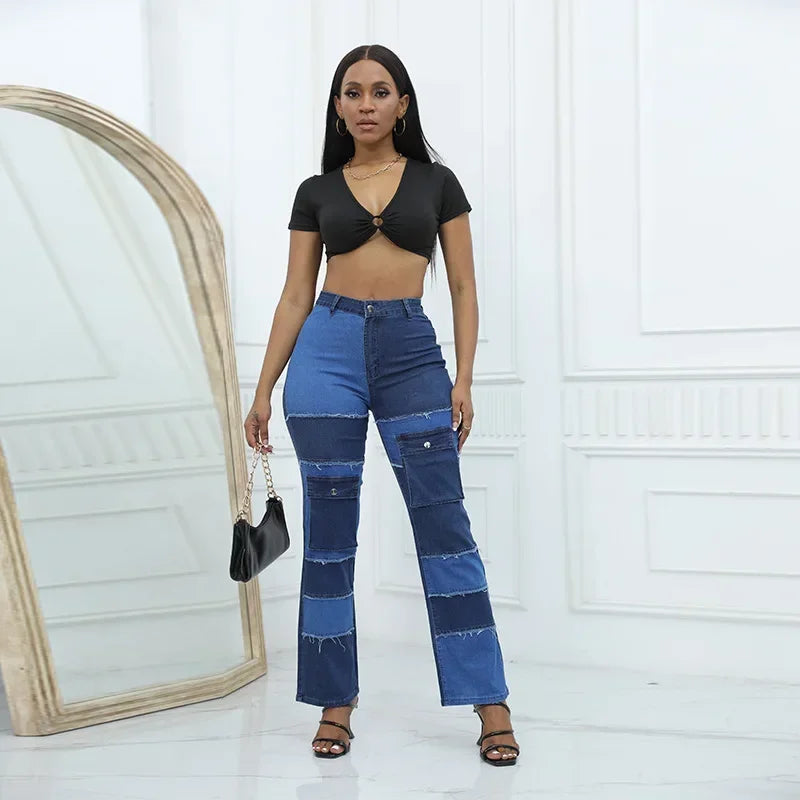 Women Straight Jeans Denim Wide Leg Pants Patchwork High Waist Pockets Button 2025 Autumn Vintage Trousers Strecth Denims Aviola