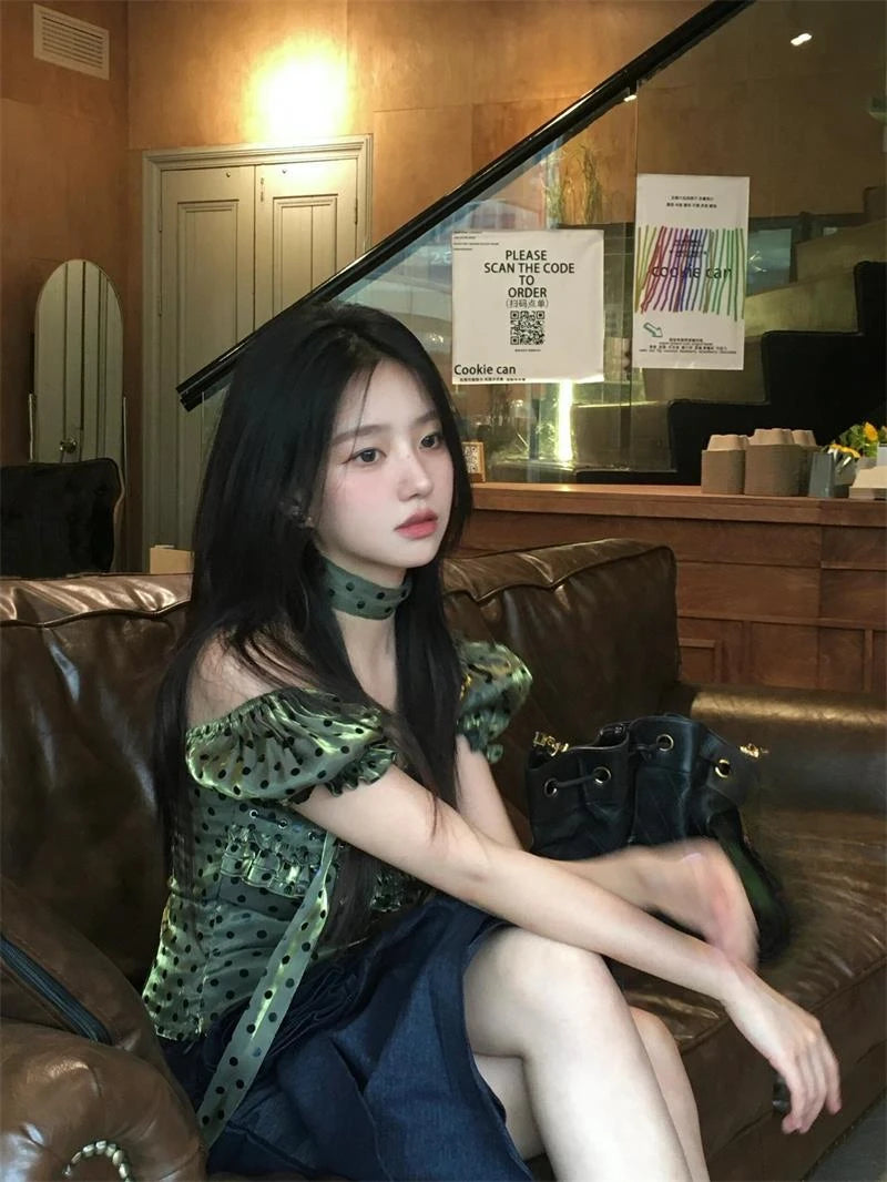 MEXZT Vintage Polka Dots Shirts Women Elegant Cropped Puff Short Sleeve Blouses Summer Korean Square Collar Slim Design Tops New Aviola
