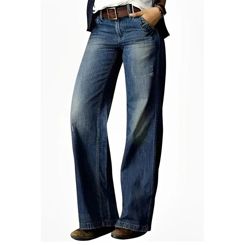 Women Jeans Wide Leg Pants Ankle Length Washing Denim Distressed Pockets High Waist Casual Loose Solid Spliced Summer 2024 Aviola