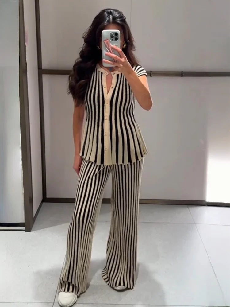 UNIZERA Casual Chic Suit Striped Drop Shoulder Sleeveless Knit Top + High Waist Pants 2025 Summer New Arrivals Women's Clothing Aviola