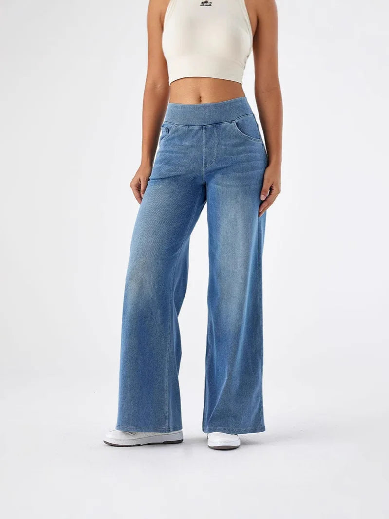 Women Jeans Denim Pant Wide Leg Long Pants Y2k Streetwear Elastic Waist Straight Trousers Elegant Mom Jeans Temperament Casual Aviola