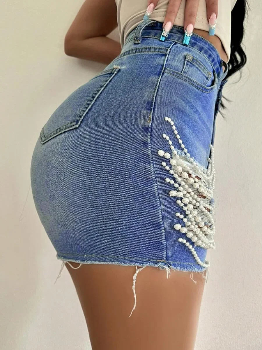Denim Shorts Women Hole Jeans Ripped Pearl Chain Pockets Sexy Mom Vintgae Party Short Pants High Waist Denims Streetwear 2025 Aviola