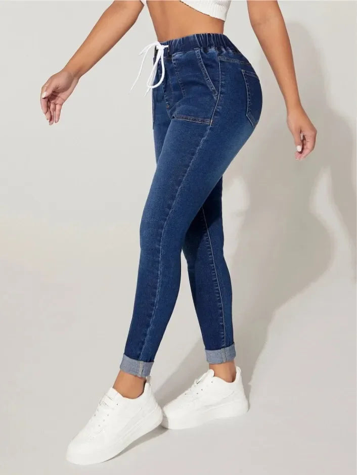 Stretch Pencil Pants Women High Waist Lace Up Distressed Denim Ankle Length Trousers Slim Denims 2025 Streetwear Vintage Jeans Aviola