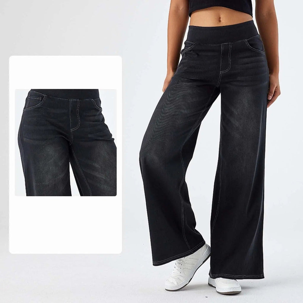 Women Jeans Denim Pant Wide Leg Long Pants Y2k Streetwear Elastic Waist Straight Trousers Elegant Mom Jeans Temperament Casual Aviola