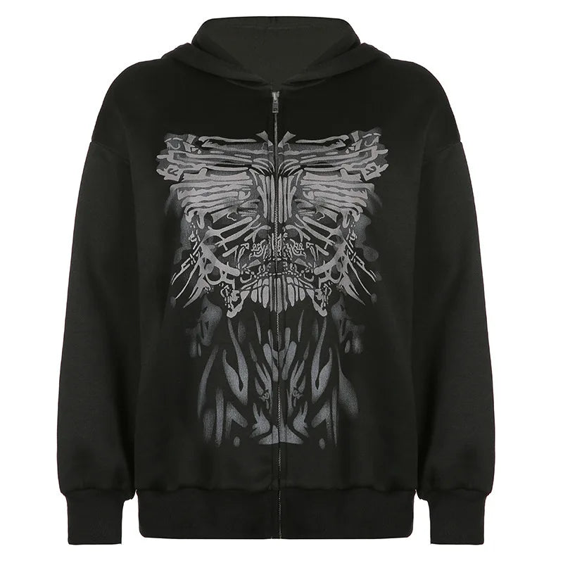 Dark personality printed hoodie female American 2024 new black hooded zipper coat loose casual top Aviola