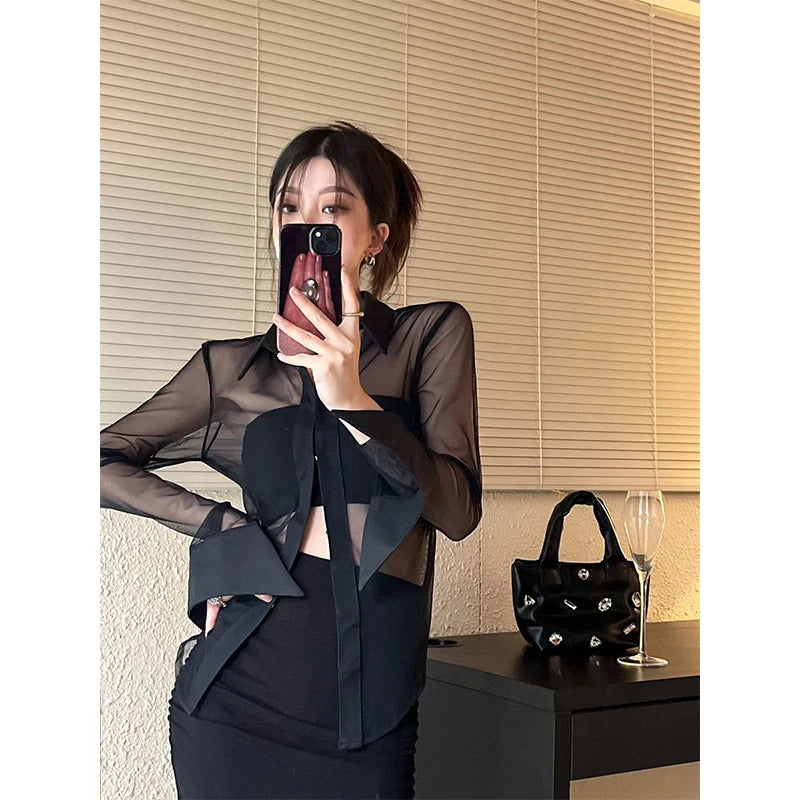 MEXZT Y2K Mesh Sheer Shirts Women Sexy Black See Through Blouses Summer Korean Fashion Aesthetic Long Sleeve Slim Chic Tops New Aviola