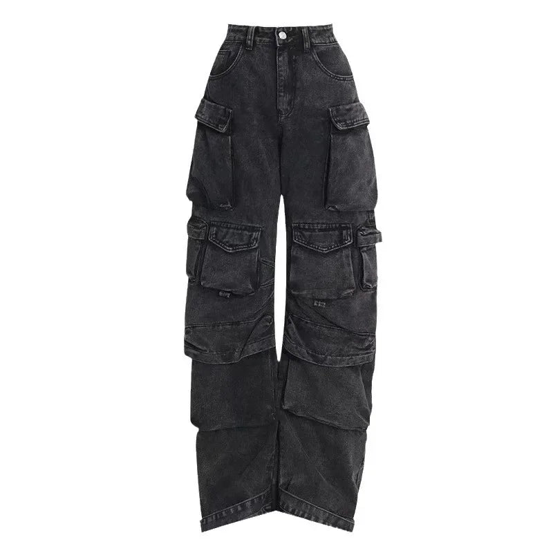 Women Jeans Denim Cargo Pants Long Pant Wide Leg High Waist Button Pockets Streetwear Y2k Mom Straight Trousers Casual Loose Aviola
