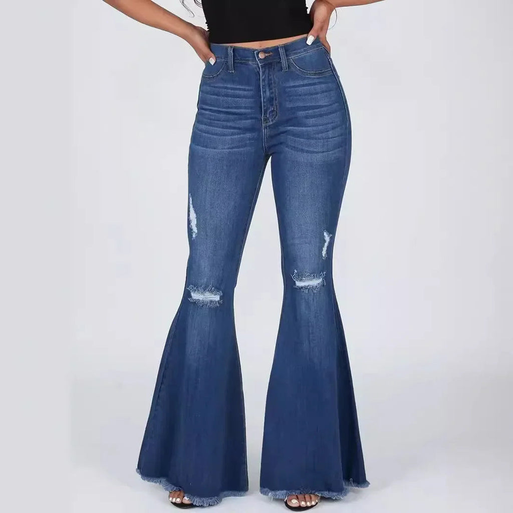 Flare Pants Ripped Jeans for Women Streetwear Mid Waist Stretch Washed Distressed Casual Denim Trousers Hole Boot Cut Mom 2025 Aviola