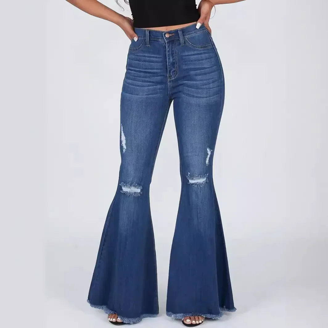 Flare Pants Ripped Jeans for Women Streetwear Mid Waist Stretch Washed Distressed Casual Denim Trousers Hole Boot Cut Mom 2025 Aviola