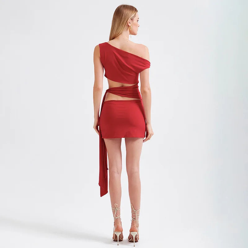 Nibber Irregular Hollow Dress Women Knot Off-The-Shoulder Bandage Biased Collar Sexy Fit Sleeveless Solid Midnight Mini Bodycon Aviola