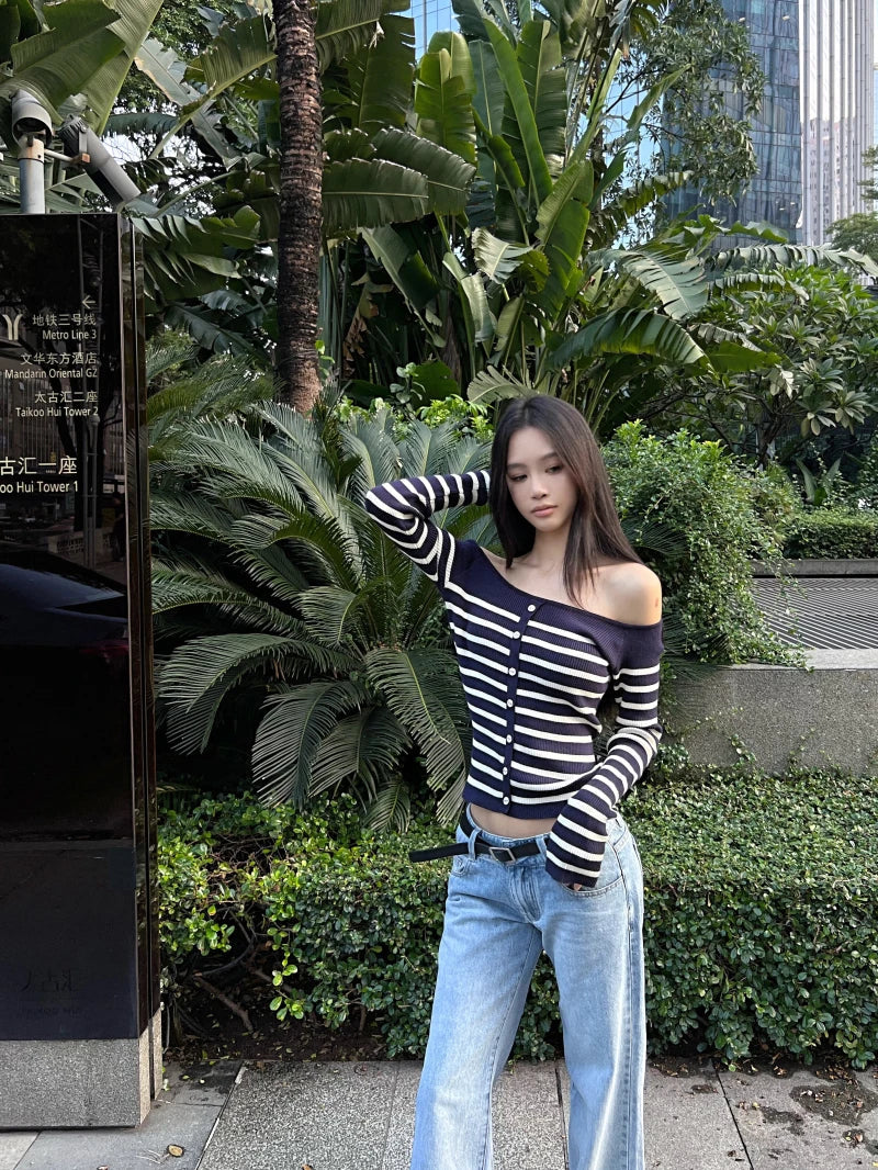 MEXZT Vintage Striped Sweater Women Sexy Cropped Slash Neck Knitted Pullovers Streetwear Korean Knitwears Winter Ladies Jumpers Aviola