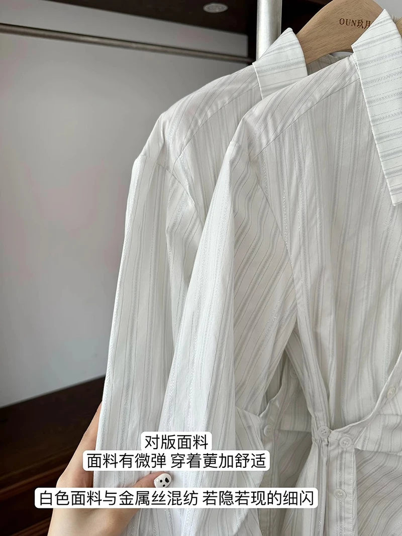 MEXZT Elegant Striped Shirts Women Vintage Irregular Long Sleeve Blouses Office Ladies Korean Chic Buttons Slim Design Tops New Aviola