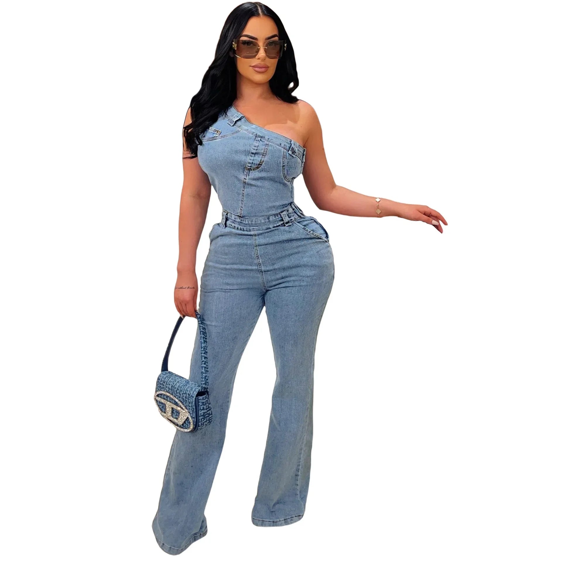 Flare Denim Pants Full Length Women Jeans One Piece Overalls Spliced Solid Jumpsuits Loose Pockets High Waist Basics Washed Aviola