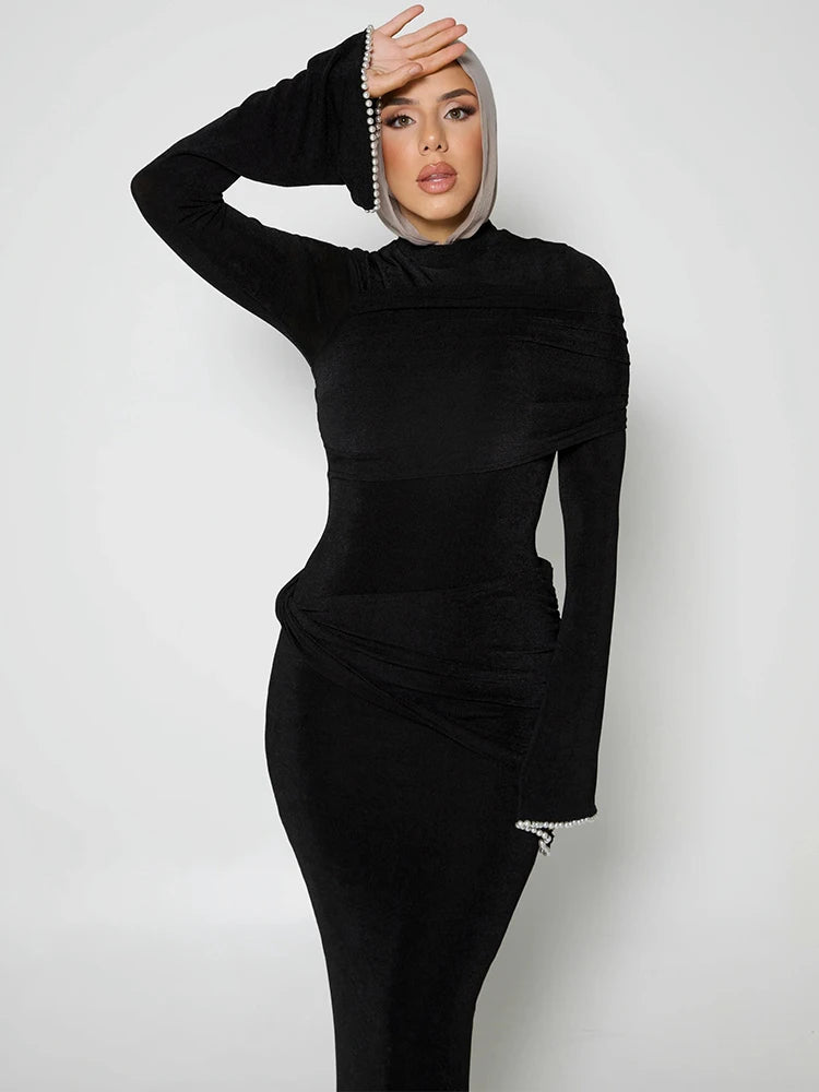 Nibber o-Neck Maxi Dress Women Mesh Long Sleeves Folds Elegant Temperament Autumn Trend Skinny Solid Banquet Simple Vestidos Aviola