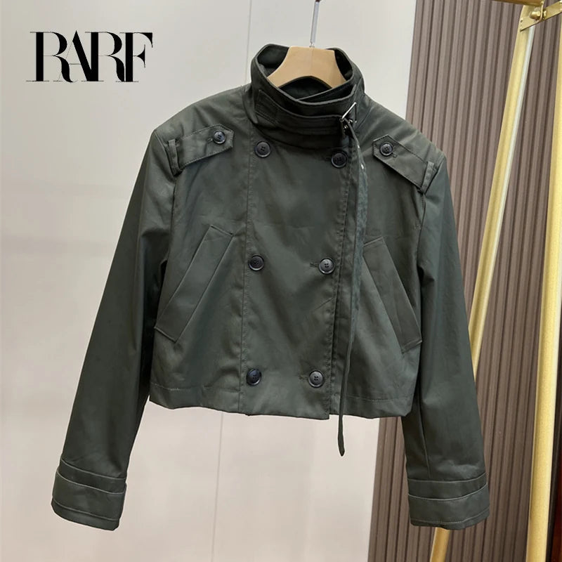 RARF 2024 autumn new women's fashion pocket double breasted waxed leather short trench coat women's top coat Aviola