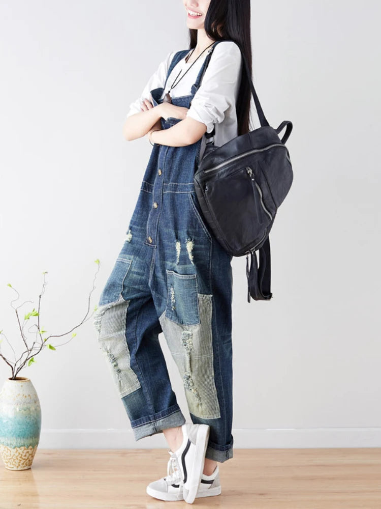 Women Jean Ripped Hole Overalls Ankle Length Denim Pants One Piece Distressed Jeans High Street Spliced Loose Washed Vintage Aviola