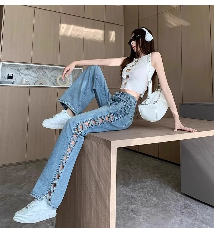 Women Casual Mom Jeans Hollow Out High Waist Trousers Button Zipper Wide Leg Pant Office Lady Loose Spring Club Y2k Streetwear Aviola