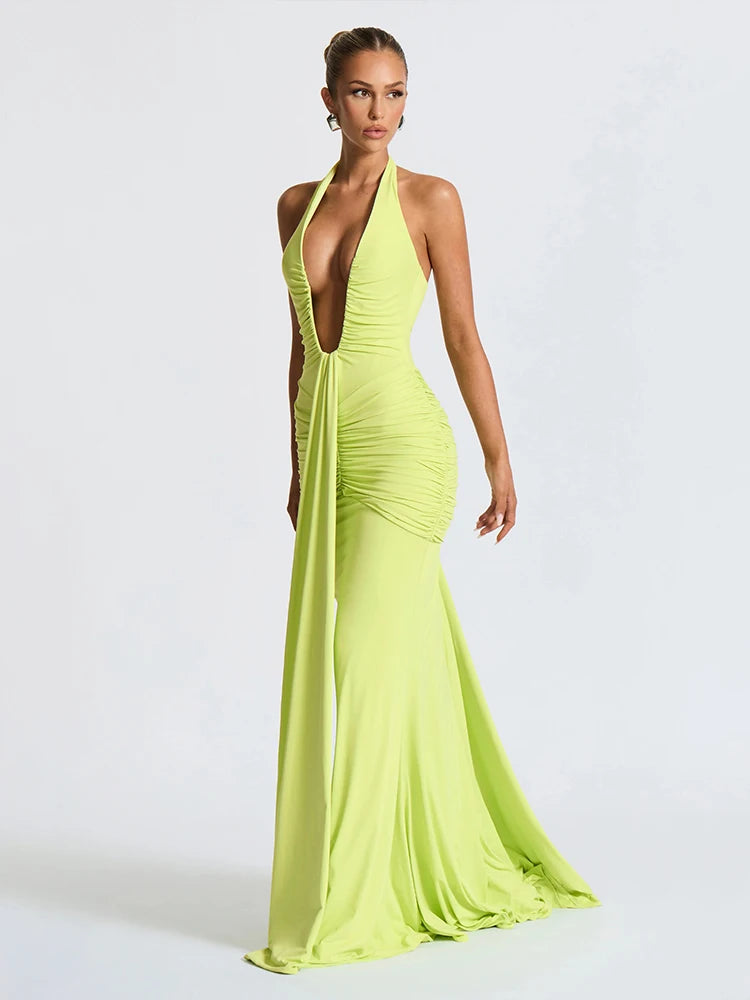 Nibber Sexy Backless Tassel Dress Women Peach Buttock Pleated Patchwork Solid Halter Sleeveless Midnight Clubwear Party Vestidos Aviola