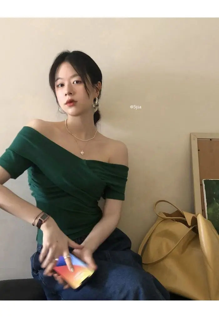 MEXZT Vintage Slash Neck T Shirts Women Streetwear Sexy Cross White Crop Tops Summer Korean Elegant Short Sleeve Design Tees New Aviola