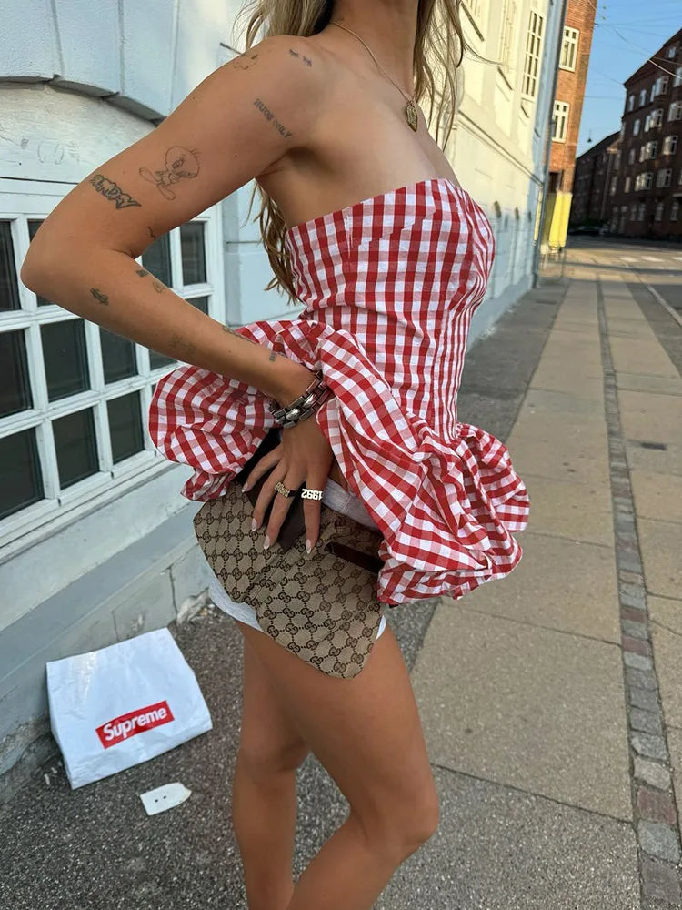 Nibber Red And White Checkered Print Chest Wrap Pleated Fluffy Hem Sleeveless Backless Vacation Versatile Beach Party Trend Tops Aviola