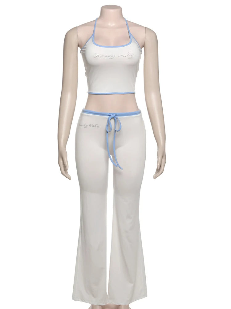 Nibber Fad Casual Letter Print 2 Piece Set Women Halter Bandage Crop Tops+Drawstring Stretch Flare Pants Vacation Simple Suits Aviola
