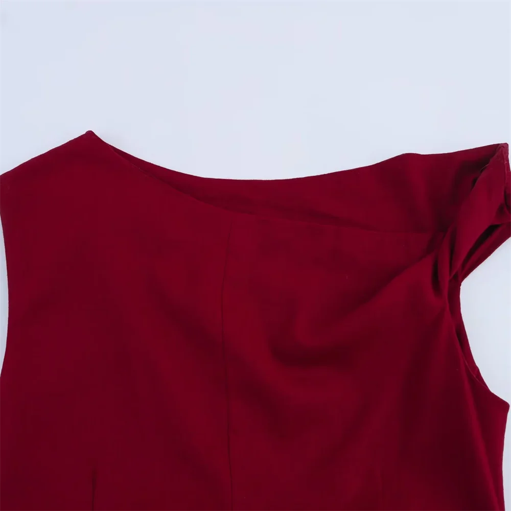 BM&MD&ZA2025French simple pleated oblique shoulder asymmetrical collar slim dress summer new women's clothing Aviola