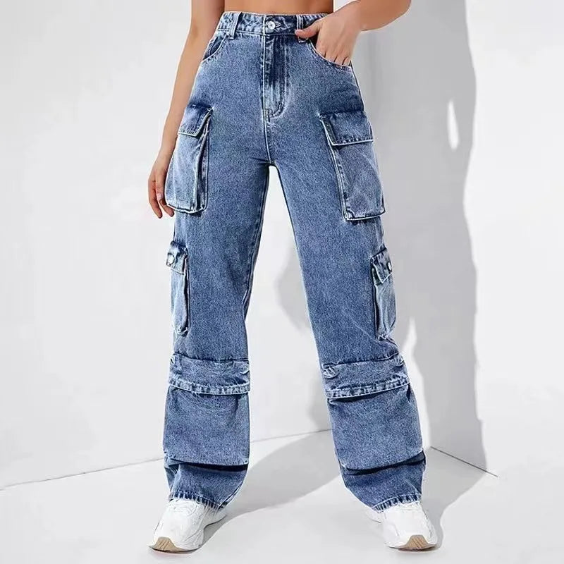 Women Jeans Zipper Fly Flat Cargo Pants Denim Pockets Clamshell High Waist Loose Mom Jeans Winter Clamshell Streewear Color Aviola
