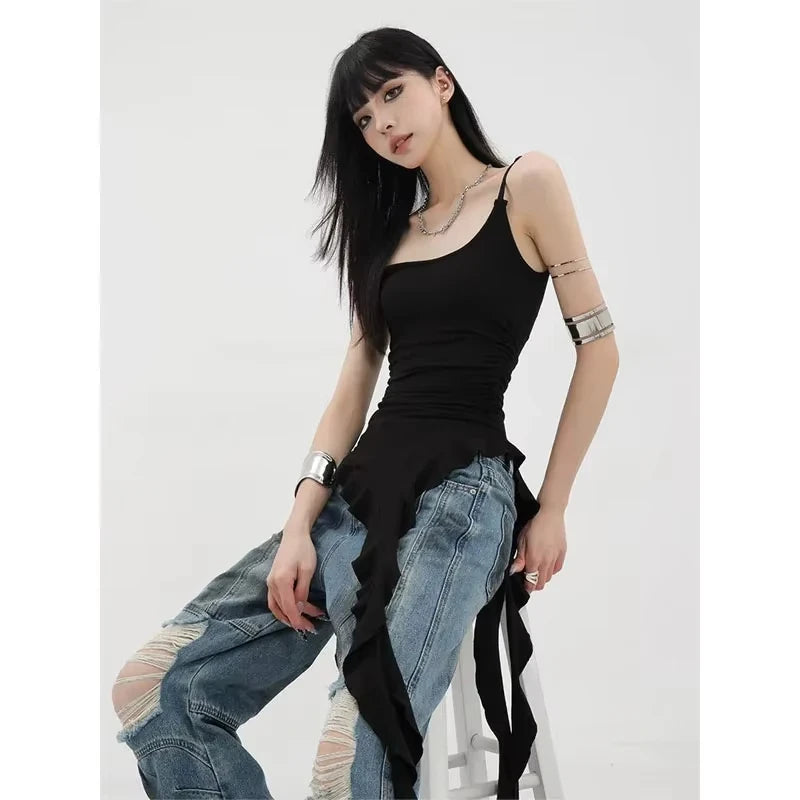MEXZT Y2K Irregular Black Tank Top Women Grunge Aesthetic Sexy Backless Camis Gyaru Streetwear Korean Tees Summer Design Tanks Aviola