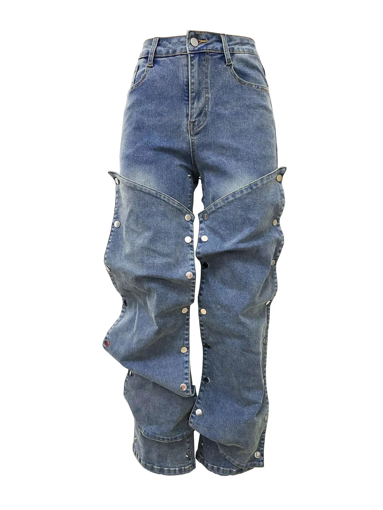 Jeans Denim Pants Women Straight Button Pockets High Waist Mom Floor Length Washed Distressed Strech Trousers 2025 Streetwear Aviola